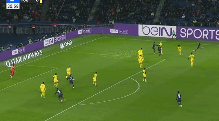 联赛：法甲半场结束 贝拉多射门 内维斯凌空抽射破门 巴黎圣日耳曼1-0图卢兹